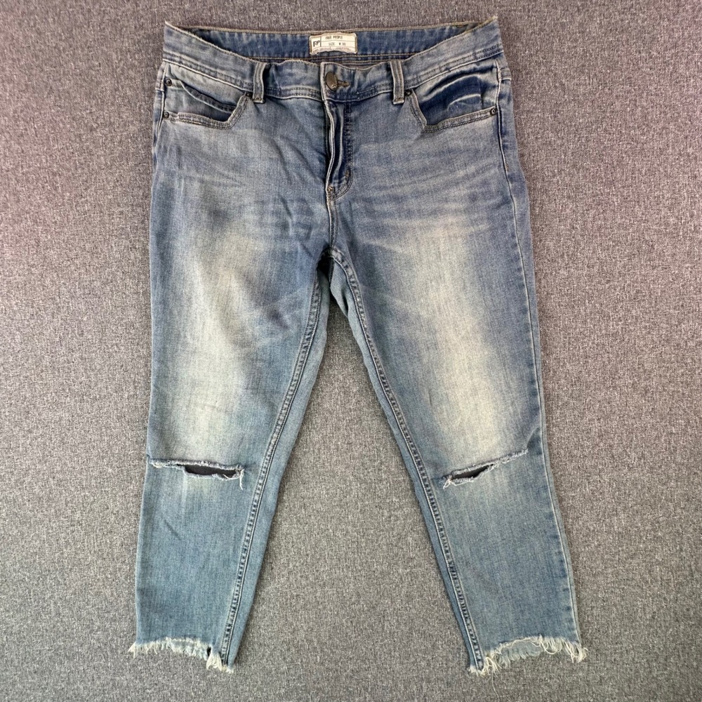Free People Jeans Womens 30 Distressed Blue Knee Blowout Frayed Hem Good